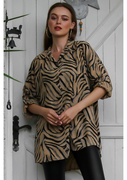 Camel Italyan Zebra Desen Oversize Salaş Gömlek Bluz