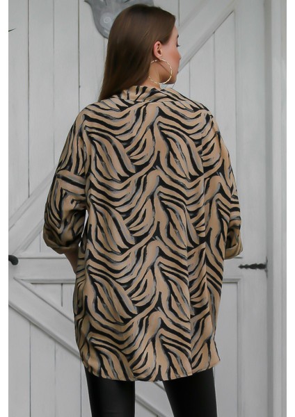 Camel Italyan Zebra Desen Oversize Salaş Gömlek Bluz