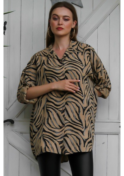 Camel Italyan Zebra Desen Oversize Salaş Gömlek Bluz