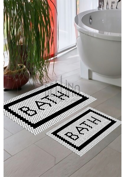 Yıkanabilir Kaymaz Pamuk Dokuma Taban Siyah Beyaz Bath 60X100-50X60 2'li Banyo Paspası 13
