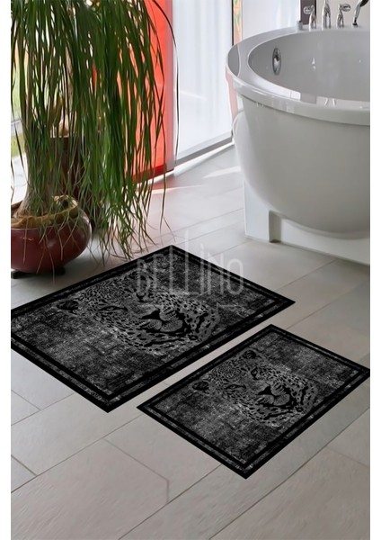Yıkanabilir Kaymaz Pamuk Dokuma Taban Siyah Kaplan Renk 60X100-50X60 Banyo Paspası 2 Li Klozet Takımı 12