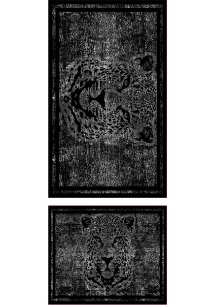 Yıkanabilir Kaymaz Pamuk Dokuma Taban Siyah Kaplan Renk 60X100-50X60 Banyo Paspası 2 Li Klozet Takımı 12