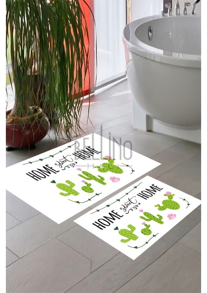 Yıkanabilir Kaymaz Pamuk Dokuma Taban Kaktüs Desenli 60X100-50X60 Banyo Paspası 2 Li Klozet Takımı 16