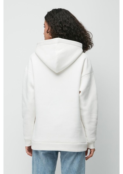 Baskılı Kapüşonlu Uzun Kol Kalın Sweatshirt 952 Ekru