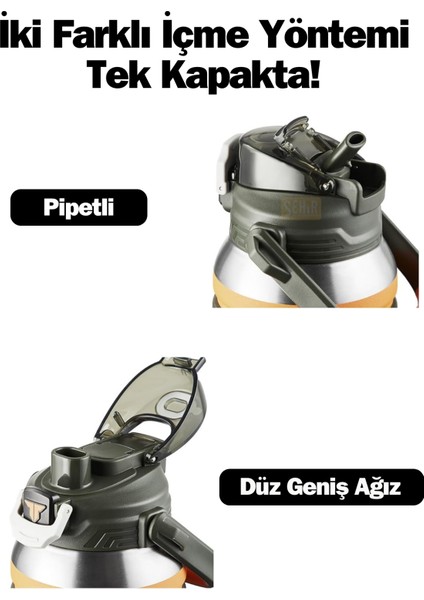 Tkk Yeni Koleksiyon Mega Boy 1500ML Pipetli/pipetsiz Kullanım Askılı Paslanmaz Çelik Termos Matara