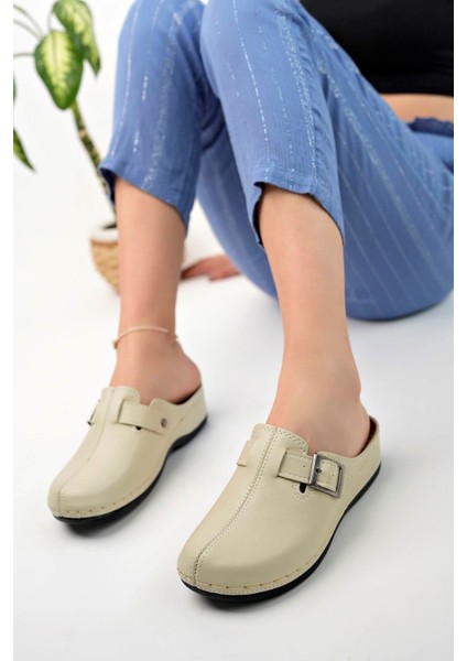 Ortopedik Ped Burnu Kapalı Tokalı Krem Terlik modelleri