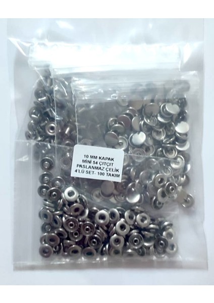 10 mm Kapak Mini 54- 4'lü Çıtçıt Set - Paslanmaz Çelik - 100 Takım