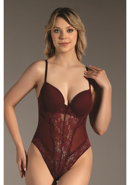 Desteksiz Dantelli Çıtçıtlı Body C15080 Bordo