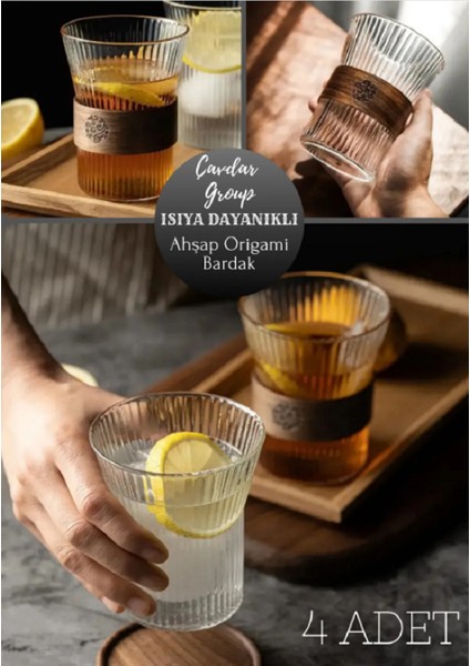 4 Adet Ahşap Detaylı Origami Stil Isıya Dayanıklı Borosilikat Bardak 320 ml Çay Kahve Bardağı Cam