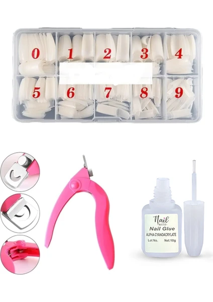 Nail Master 500'LÜ Naturel Yarım Ay Tips Tırnak + Tips Makası + Tips Yapıştırıcısı 10GR