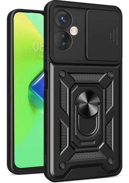 Case 4u  Tecno Camon 19 Kılıf Kamera Korumalı Sürgülü Vega Yüzüklü Armor Military Tank Zırh Siyah