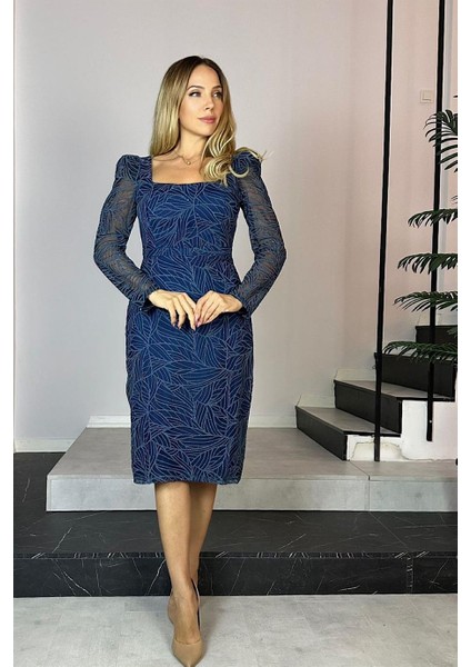 G0747 Kare Yaka Simli Midi Boy Abiye Elbise Lacivert fırsatları