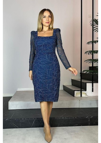 G0747 Kare Yaka Simli Midi Boy Abiye Elbise Lacivert indirimleri