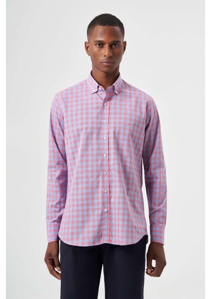 Regular Fit Paşa Yaka Ekoseli Kırmızı Erkek Gömlek GM23K232024_D24