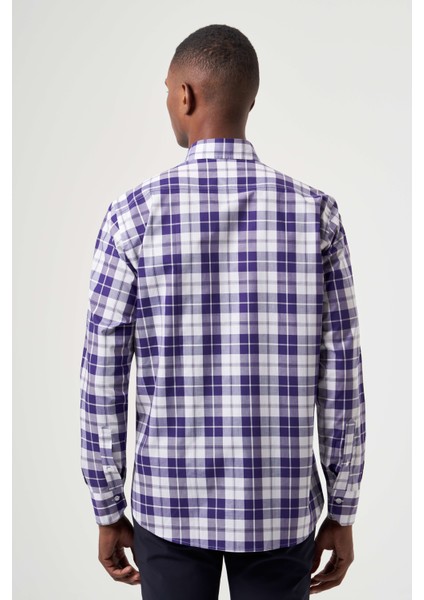 Regular Fit Paşa Yaka Ekoseli Lila Erkek Gömlek GM23K232009_D44