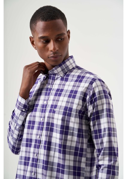 Regular Fit Paşa Yaka Ekoseli Lila Erkek Gömlek GM23K232009_D44