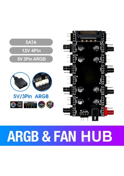 5V 3pın Sata 12V/4PIN Rgb 5V/3PIN Argb Fan Pwm Hub 1 Ila 8 Çok Yollu Splitter Aura Fan Soğutucu Uzatma Kablosu Adaptörü Hız Kontrol Adaptörü (Yurt Dışından)