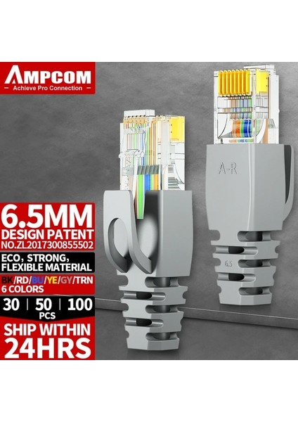 6.5mm Gri 50 Adet Ampcom RJ45 Ethernet Ağ Kablosu Gerginlik Giderici Botlar Kablo Konektörü Fiş Kapakları Cat8 Cat7 CAT6A Cat6 CAT5E Cat5 (Yurt Dışından)