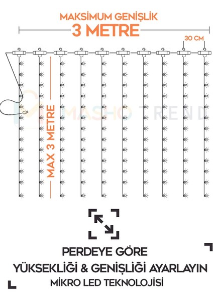 Masho Trend Kumandalı 10 Saçaklı Animasyonlu USB Li 3x3 Metre Dekor Perde  LED - Saçaklı LED Peri LED