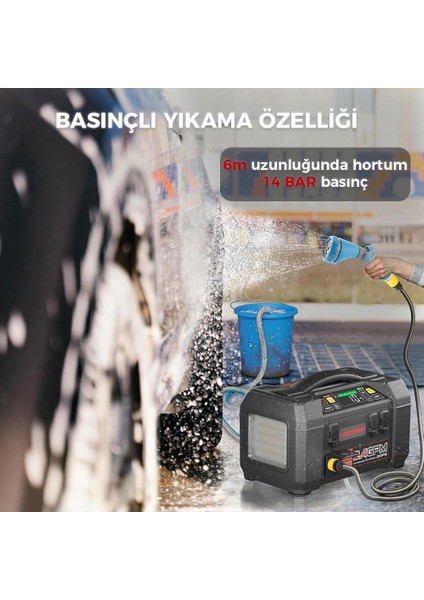 AW401 12V 2500AMP Li-Polimer Akıllı Akü Takviye + Pompa + Basınçlı Yıkama + Powerbank + LED Lamba