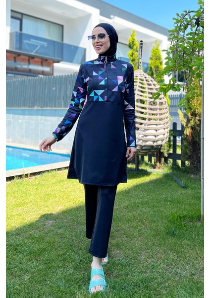 Yarım Fermuarlı Likralı Tam Kapalı Mayo R4502 Mavi Geometri fiyatları