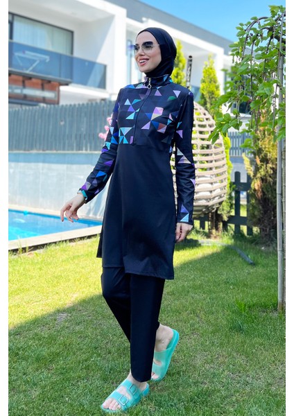 Yarım Fermuarlı Likralı Tam Kapalı Mayo R4502 Mavi Geometri modelleri