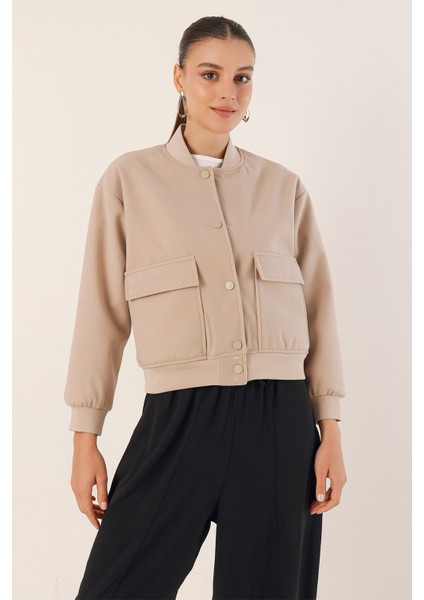 0688 Çift Cepli Crop Ceket - Bej
