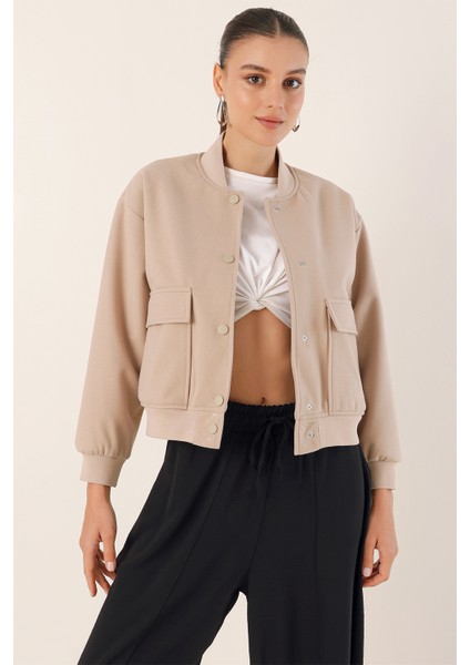 0688 Çift Cepli Crop Ceket - Bej