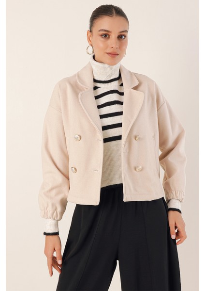 9117 Kruvaze Yaka Crop Ceket - Bej