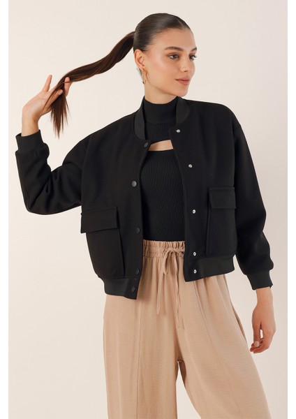 0688 Çift Cepli Crop Ceket - Siyah