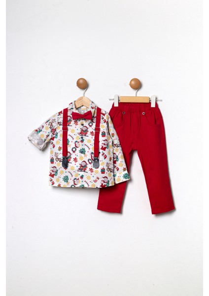 Erkek Çocuk Yılbaşı Temalı Beyaz Gömlek Gabardin Pantolon 4'lü Takım