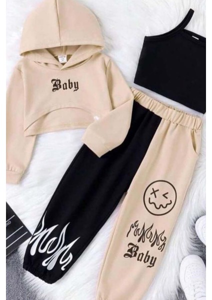 Kız Çocuk Kapüşonlu 3 Iplik Baby Baskılı Bej Eşofman takım fırsatları