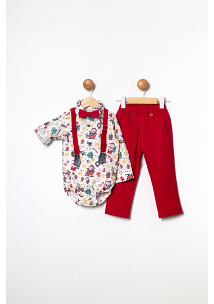 Erkek Bebek Yılbaşı Temalı Aylık Beyaz Gömlek Gabardin Pantolon 4'lü Takım