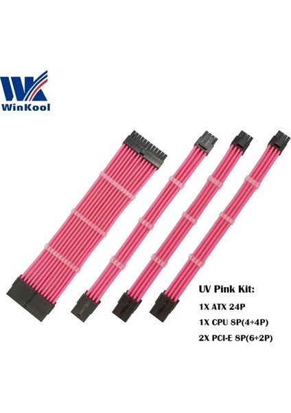 Uv Pembe 500MM Winkool Dişi - Erkek 18AWG Kollu Psu Uzatma Güç Kablosu / Kablo Kitleri 1x Atx 24P Cpu 8p 2x Pcı-E 8p (Yurt Dışından)
