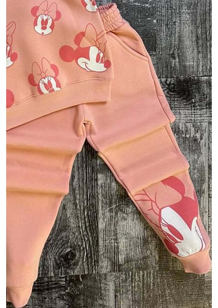 Kız Çocuk Minnie Desen Baskılı Kapüşonlu Pudra Eşofman Takım modelleri