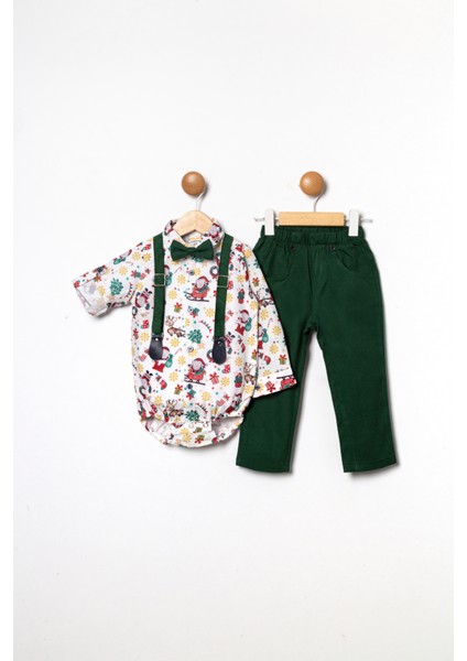 Erkek Bebek Yılbaşı Temalı Aylık Beyaz Gömlek Gabardin Pantolon 4'lü Takım