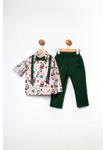 Erkek Çocuk Yılbaşı Temalı Beyaz Gömlek Gabardin Pantolon 4'lü Takım