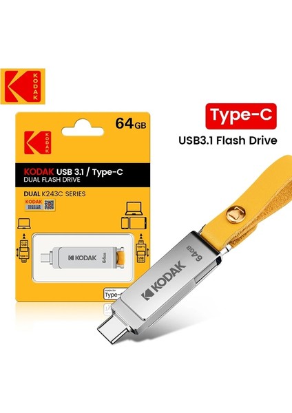 64 GB Kodak K243C USB Flash Sürücü Otg 256 GB 32 GB 64 GB 128 GB USB 3.1 Tip C Kalem Sürücü Yüksek Hızlı Pendrives Telefon Için Kordon ile (Yurt Dışından)