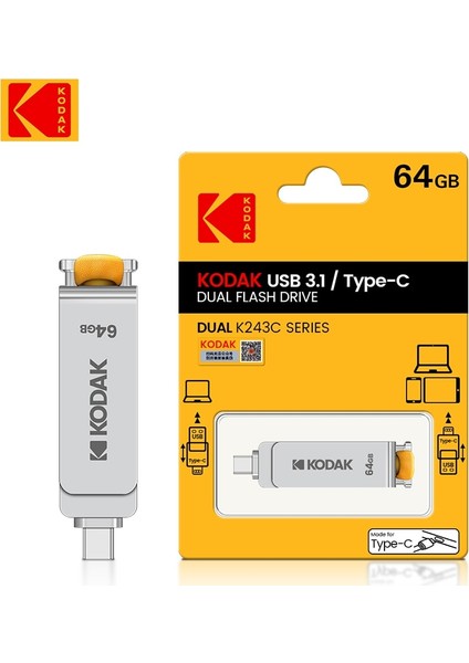 64 GB Kodak K243C USB Flash Sürücü Otg 256 GB 32 GB 64 GB 128 GB USB 3.1 Tip C Kalem Sürücü Yüksek Hızlı Pendrives Telefon Için Kordon ile (Yurt Dışından)