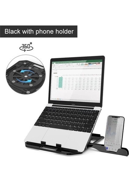 Siyah Ayarlanabilir Dizüstü Bilgisayar Standı Tablet Tabanı Desteği Dizüstü Tutucu Macbook Xiaomi Için 360 Derece Dönen Alt Bilgisayar Masası Standı (Yurt Dışından)