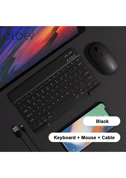 Siyah Oloey Yeni 10 Inç Kablosuz Klavye Fare Seti iPad Tablet Mini Bilgisayar Telefonu Dizüstü Bilgisayar Için Bluetooth Uyumlu Klavye (Yurt Dışından)