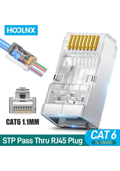 Cat6 1.1mm 50 Adet Hoolnx RJ45 Konektörü CAT6A Cat6 Geçiş Modüler Fişler Stp Korumalı 50U Altın Kaplama Ethernet Sonu Ağ Fişi Lan Kablosu (Yurt Dışından)