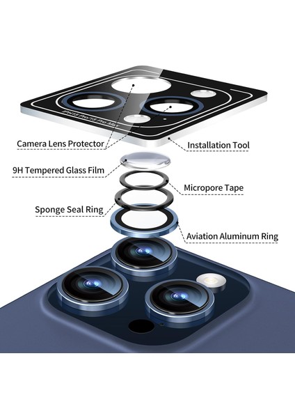 iPhone 15 Pro Uyumlu Safir Kamera Lens Koruyucu Orijinal Kenarı Çıkıntılı Model Uygulama Aparatlı