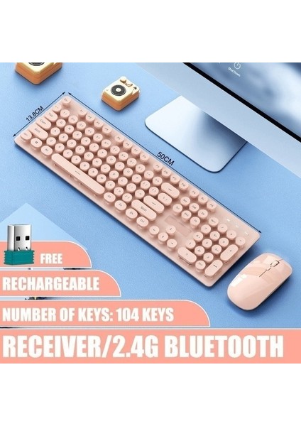 Pembe Şarj Edilebilir Kablosuz Bluetooth Klavye Fare Seti Düşük Gürültü Ergonomik Çift Modlu Bağlantı Retro Tuşları iPad Telefon Bilgisayar Için (Yurt Dışından)