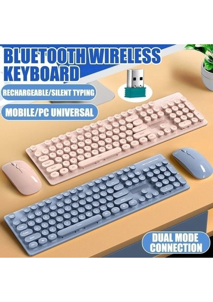 Pembe Şarj Edilebilir Kablosuz Bluetooth Klavye Fare Seti Düşük Gürültü Ergonomik Çift Modlu Bağlantı Retro Tuşları iPad Telefon Bilgisayar Için (Yurt Dışından) fiyatları
