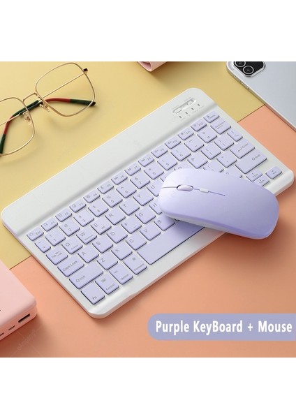Mor ve Fare 10 Inç Kablosuz Bluetooth Klavye ve Fare Ipad Tablet Telefon Dizüstü Bilgisayar Şarj Edilebilir Mini Klavye Fare Samsung Xiaomi Için (Yurt Dışından)