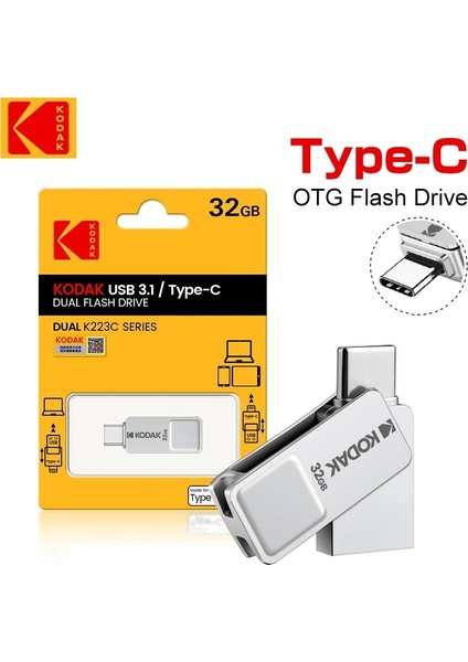 K223B-MICRO USB 32GB Kodak USB Flash Sürücü 32G Mini Metal Pendrive 64GB Memory Stick 128GB Usb3.0 Su Geçirmez U Disk Otg Type-C Akıllı Telefon Android Için (Yurt Dışından)