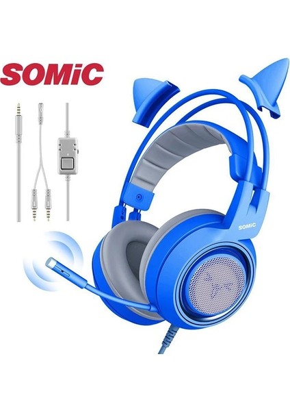 Mavi Somıc G951S Kablolu Oyun Kulaklıkları 3.5mm USB Fişi 7.1 Gürültü Önleyici Kedi Kulak Titreşim Mikrofonlu Kulaklık Pc Dizüstü Ps5 (Yurt Dışından)
