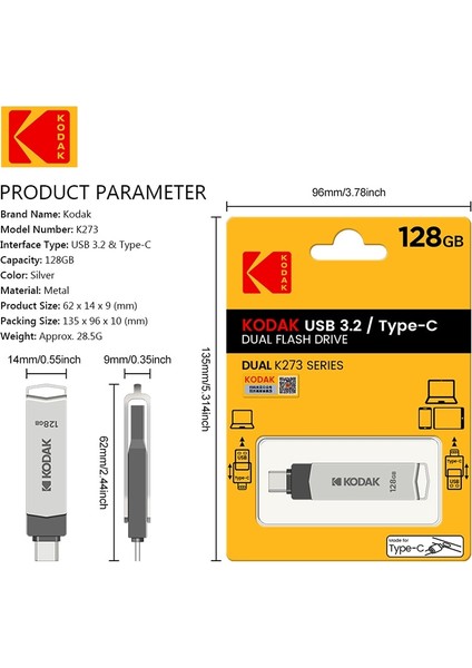 256 GB Kodak USB 3.2 Tip C Otg Çift Flash Sürücü K273 128 GB Usb3.0 Mini Pendrive Metal U-Disk Akıllı Telefon Için Pc Masaüstü Dizüstü macbook (Yurt Dışından)