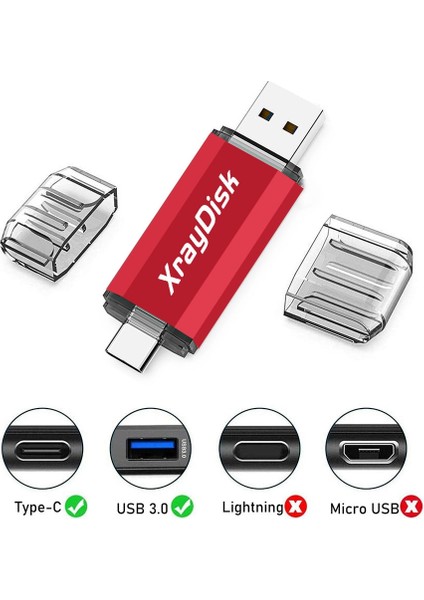 Kırmızı 32GB Xraydisk USB C Tipi C Flash Sürücü 32GB 64GB 128GB 256GB 2 In 1 Otg USB 3.0 Harici Depolama Verileri ile Thumb Sürücü Memory Stick (Yurt Dışından)
